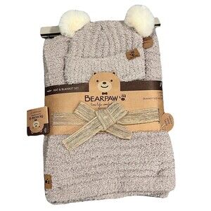 Bearpaw Hat & Baby Blanket Beige Taupe ? Chenille 2 Pc Set 38x28 Lovey Bear Paw